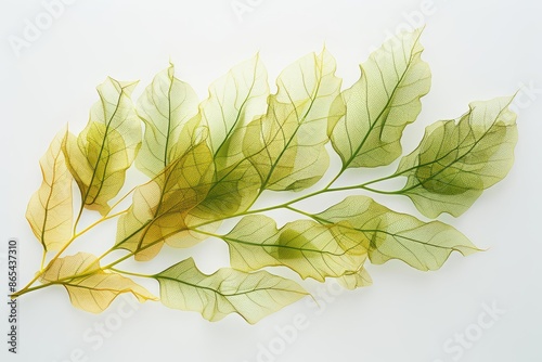 A delicate seaweed leaf with its translucent texture and greenishbrown color, set against a clean white backdrop photo