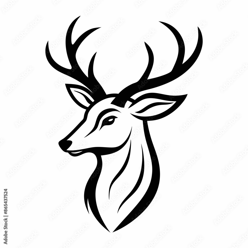 I see a monochromatic illustration of a deers head featuring its antlers I see a monochromatic illustration of a deers head featuring its antlers