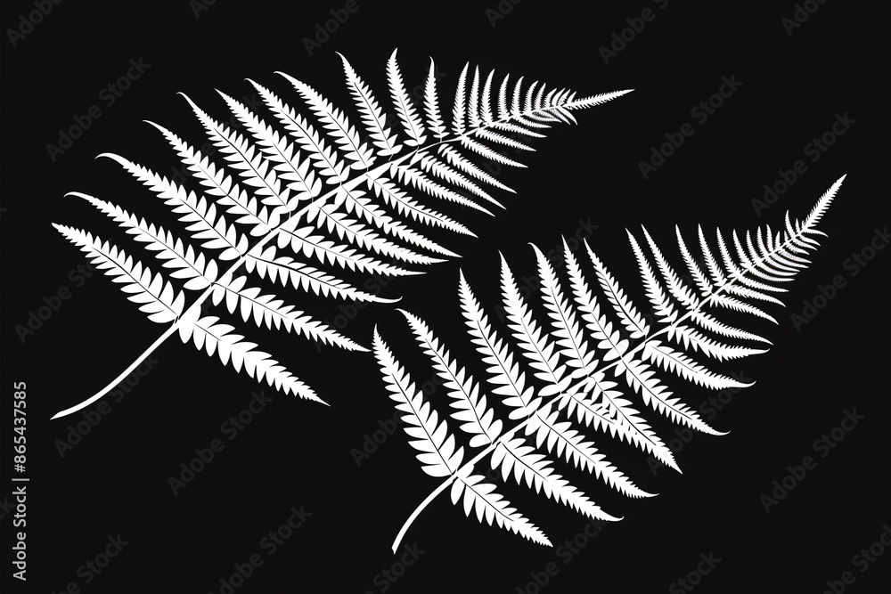 White fern leaves on a black background, a illustration. The illustration features a minimalistic white fern leaf pattern White fern leaves on a black background, a illustration. The illustration features a minimalistic white fern leaf pattern