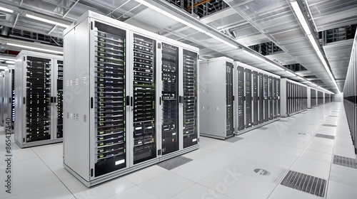 A large room with many computer servers. The servers are black and red. The room is very large and has a very industrial feel