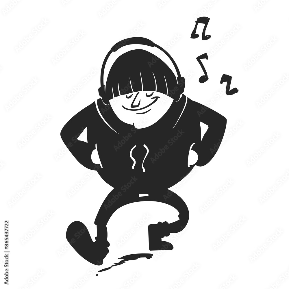 Funny Vector Cartoon of a Man Silhouette Walking with Headphones Funny Vector Cartoon of a Man Silhouette Walking with Headphones