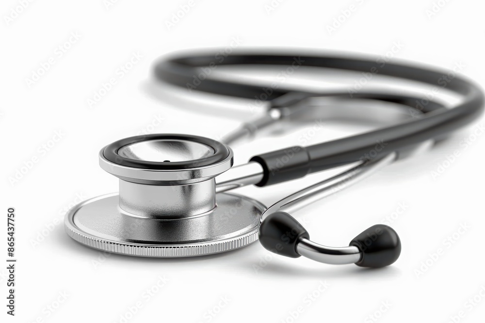 A detailed depiction of a stethoscope with black tubing and a silver chest piece, isolated on a pristine white background A detailed depiction of a stethoscope with black tubing and a silver chest piece, isolated on a pristine white background