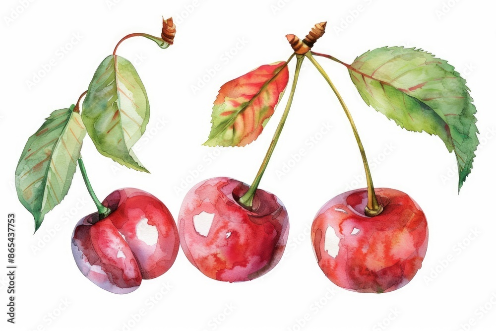 Watercolor Cherry Elements. Hand-drawn Illustration of Fresh Ripe Cherries with Leaves on White Background Watercolor Cherry Elements. Hand-drawn Illustration of Fresh Ripe Cherries with Leaves on White Background