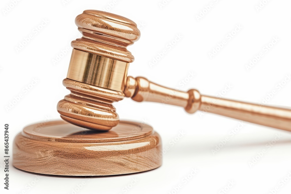 A detailed depiction of a gavel and sound block, symbolizing justice, isolated on a pristine white background A detailed depiction of a gavel and sound block, symbolizing justice, isolated on a pristine white background