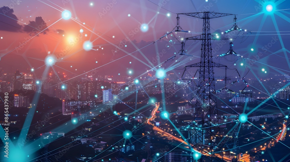 A cityscape with a network of lights and a power line. The lights are connected to each other and the power line is also connected to the lights A cityscape with a network of lights and a power line. The lights are connected to each other and the power line is also connected to the lights