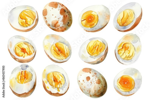 Watercolor Food Illustration of Boiled Eggs Set on White Background
