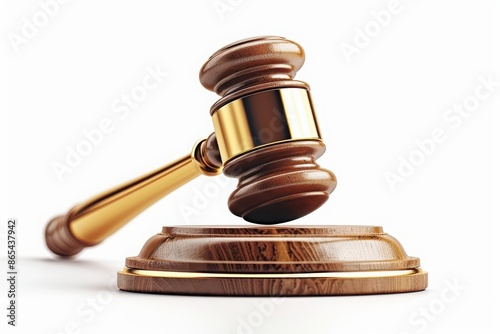 A detailed depiction of a gavel and sound block, symbolizing justice, isolated on a pristine white background photo