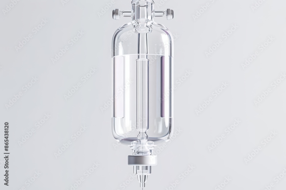 A detailed depiction of an IV drip bag with clear fluid, set against a clean white backdrop A detailed depiction of an IV drip bag with clear fluid, set against a clean white backdrop