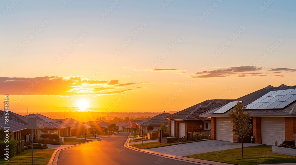Residential neighborhood with modern homes at sunset, showcasing solar panels and tranquil streets, representing sustainable living and suburban life. Residential neighborhood with modern homes at sunset, showcasing solar panels and tranquil streets, representing sustainable living and suburban life.