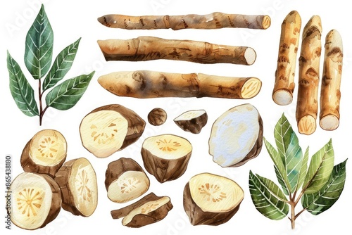 Watercolor Illustration of Fresh Cassava Plant with Tubers and Slices on White Background photo