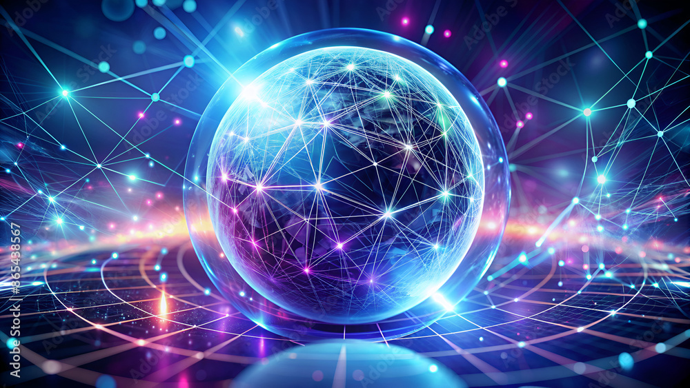 A luminous sphere is connected to network elements surrounded by purple and blue hues in a futuristic digital setting. AIG53M A luminous sphere is connected to network elements surrounded by purple and blue hues in a futuristic digital setting. AIG53M