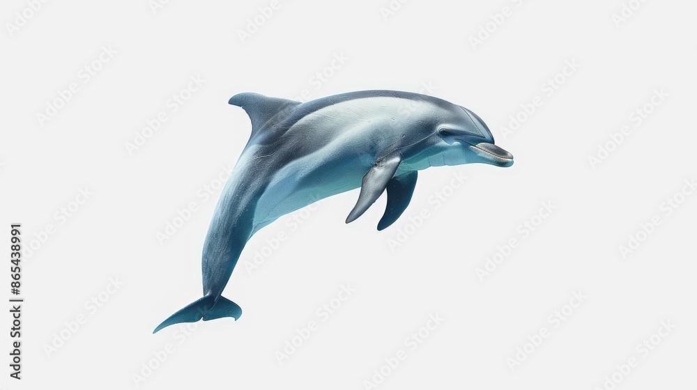 Serene dolphin swimming solo against a white background, evoking a sense of wonder and awe for the wonders of the sea Serene dolphin swimming solo against a white background, evoking a sense of wonder and awe for the wonders of the sea