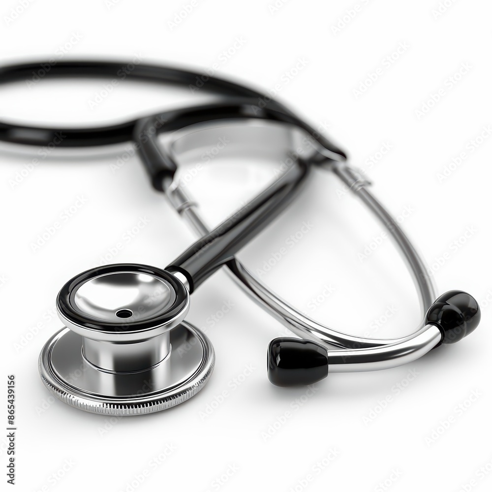 A detailed stethoscope with black tubing and a silver chest piece, isolated on a pristine white background A detailed stethoscope with black tubing and a silver chest piece, isolated on a pristine white background