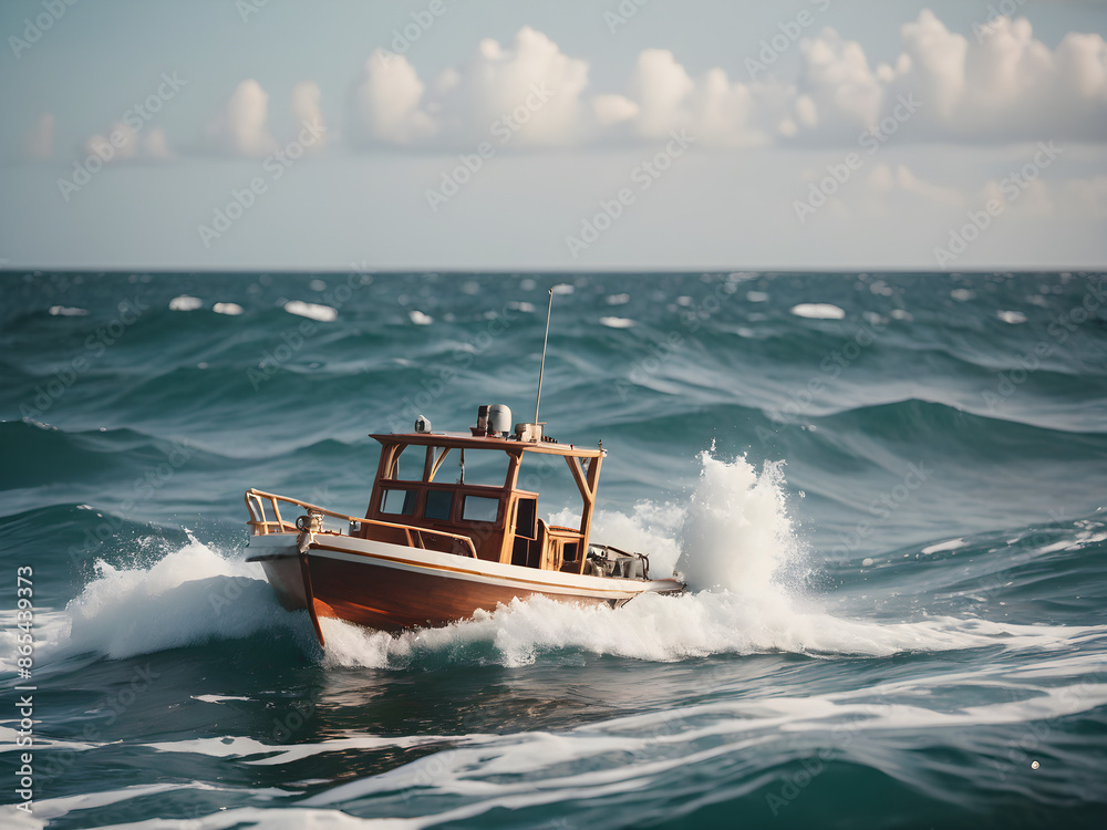 Naklejka premium small fishing boat in the surf of the ocean waves or sea Copy space
