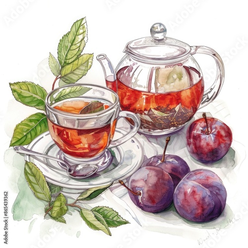 Watercolor Illustration of Herbal Tea with Fresh Plum and Vintage Porcelain Tea Set