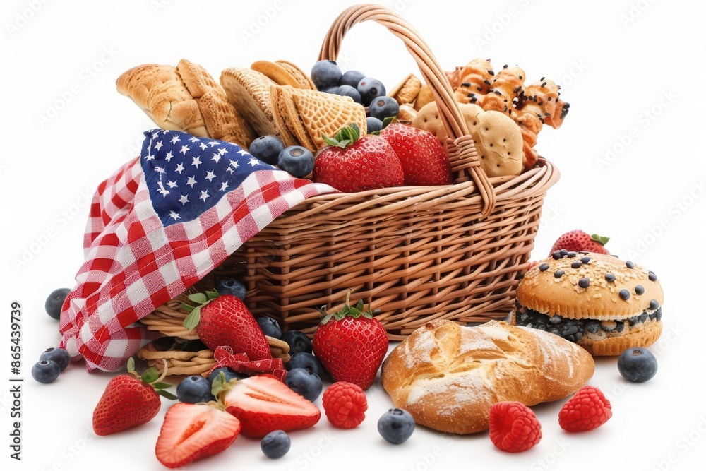 A festive picnic basket filled with 4th of July treats, isolated on a pristine white background