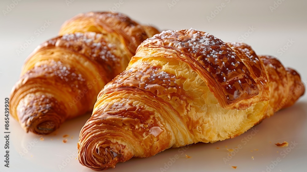 Two golden-brown croissants dusted with powdered sugar, displayed against a neutral background. The flaky layers and rich texture suggest a freshly baked, indulgent pastry Two golden-brown croissants dusted with powdered sugar, displayed against a neutral background. The flaky layers and rich texture suggest a freshly baked, indulgent pastry