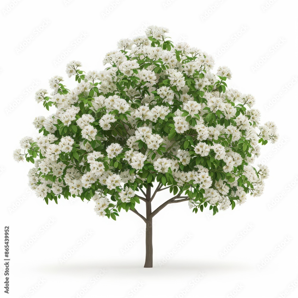 A hawthorn tree with its white blossoms and thorny branches, isolated on a white background A hawthorn tree with its white blossoms and thorny branches, isolated on a white background