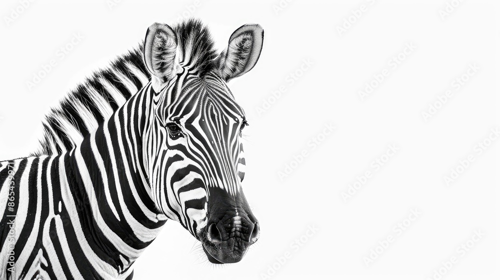 Striking zebra isolated against a pristine white backdrop, showcasing its iconic black and white stripes in stunning detail Striking zebra isolated against a pristine white backdrop, showcasing its iconic black and white stripes in stunning detail