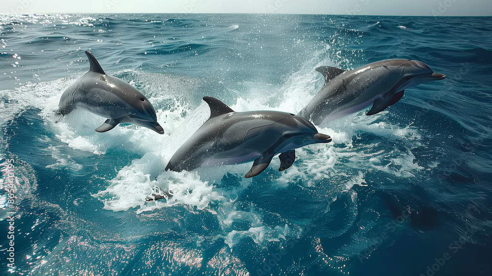 Fototapeta premium Three beautiful dolphins jump out of the sea water at the same time