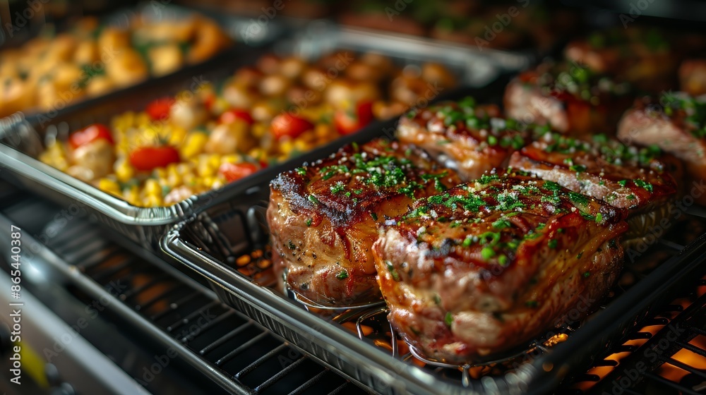 Close-up of succulent grilled chicken pieces garnished with fresh herbs on a serving tray at a buffet. In the background, an assortment of colorful vegetable dishes Close-up of succulent grilled chicken pieces garnished with fresh herbs on a serving tray at a buffet. In the background, an assortment of colorful vegetable dishes