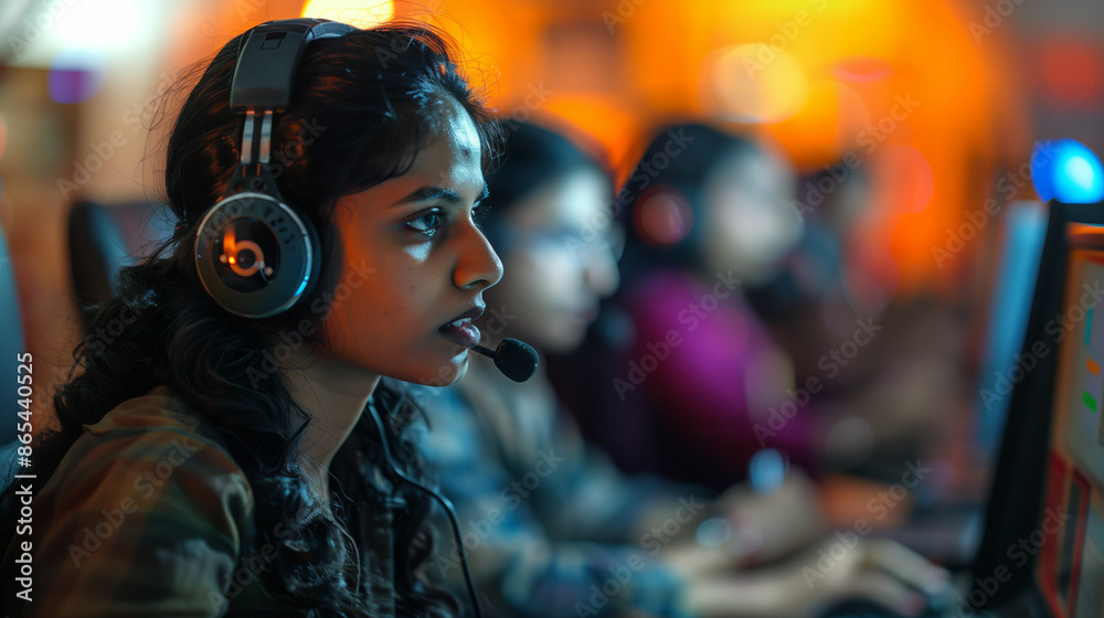 Woman wearing headphones using computer Woman wearing headphones using computer