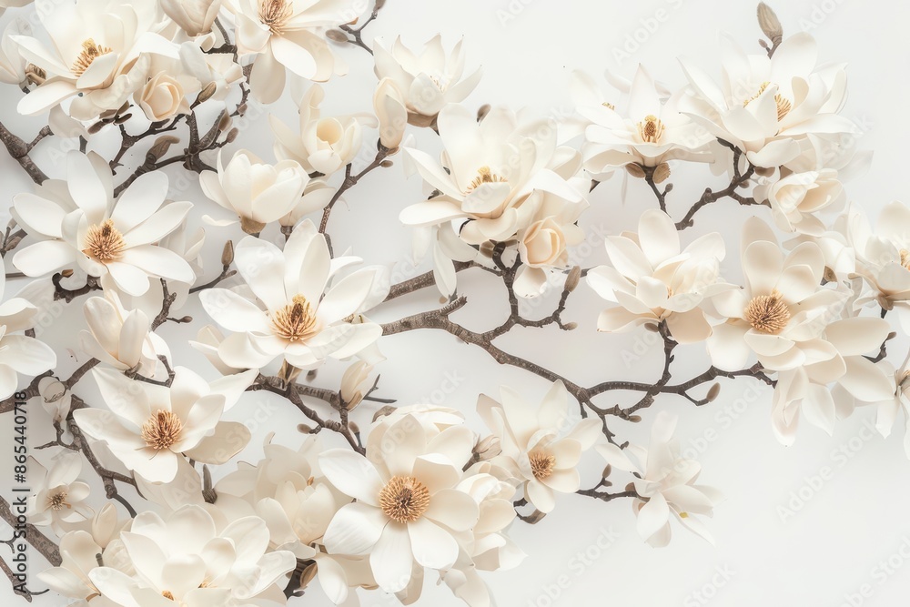 A magnolia tree in bloom with large, fragrant flowers, set against a clean white backdrop A magnolia tree in bloom with large, fragrant flowers, set against a clean white backdrop