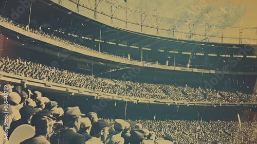 Vintage Baseball Stadium Scene with Anonymous Crowds in Retro Postcard Style photo