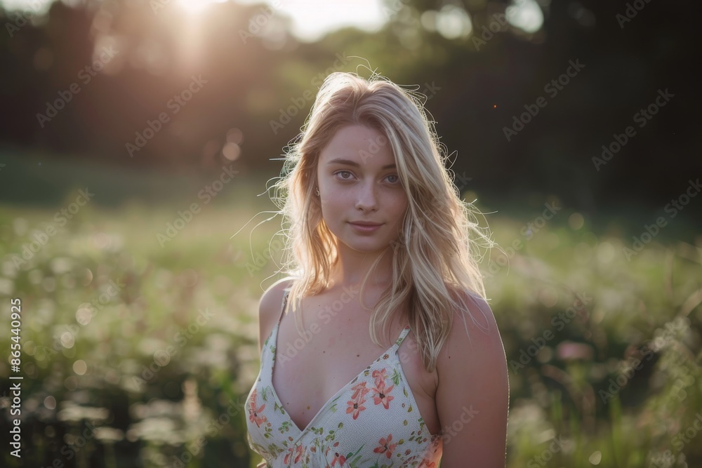 Woman With Blonde Hair Posing in a Field at Sunset