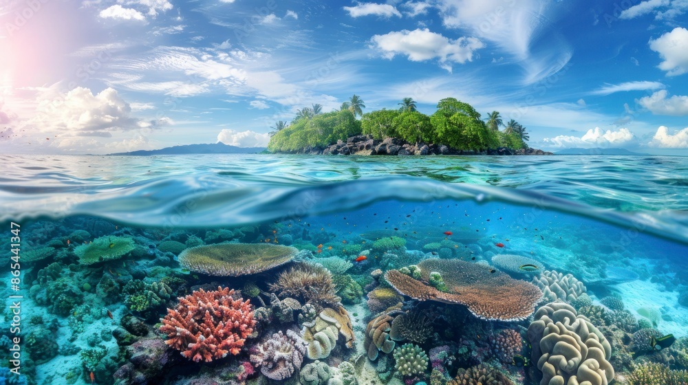 Obraz premium beautiful island with forested area seen under the sea with corals