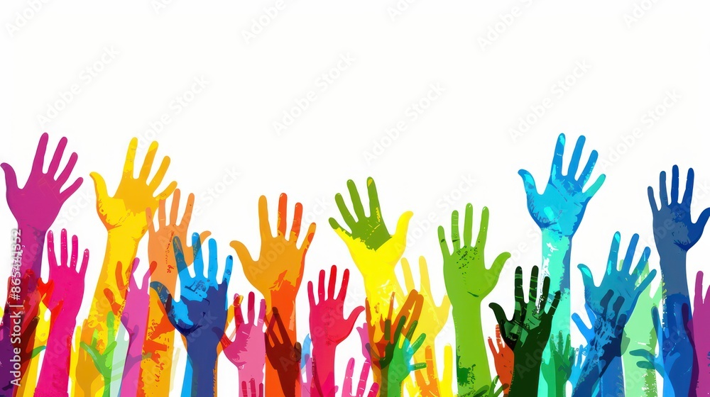 Fototapeta premium Vibrant multicolored hands raised high against white background