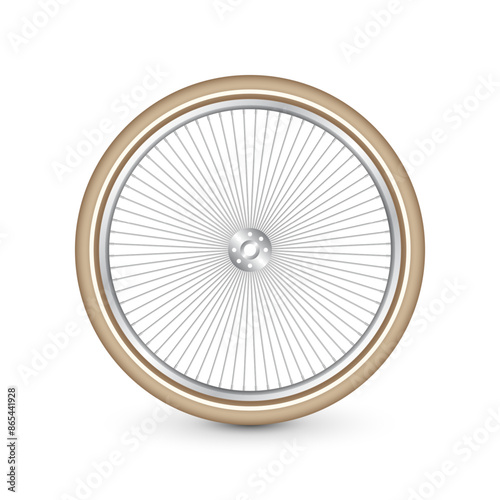 Realistic 3d retro bicycle wheel. Bike rubber tire, shiny metal spokes and rim. Fitness cycle, touring, sport, road and mountain bike. Vector illustration