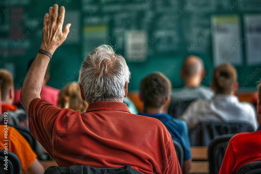 Obraz premium Back View of Older Student Raising Hand in Classroom During Lecture