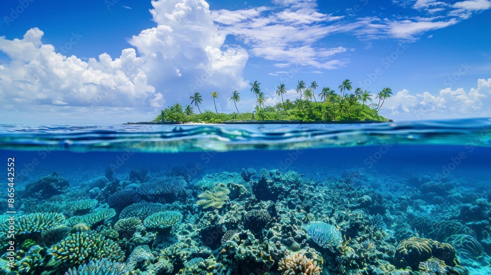 beautiful island with forested area seen under the sea with corals
