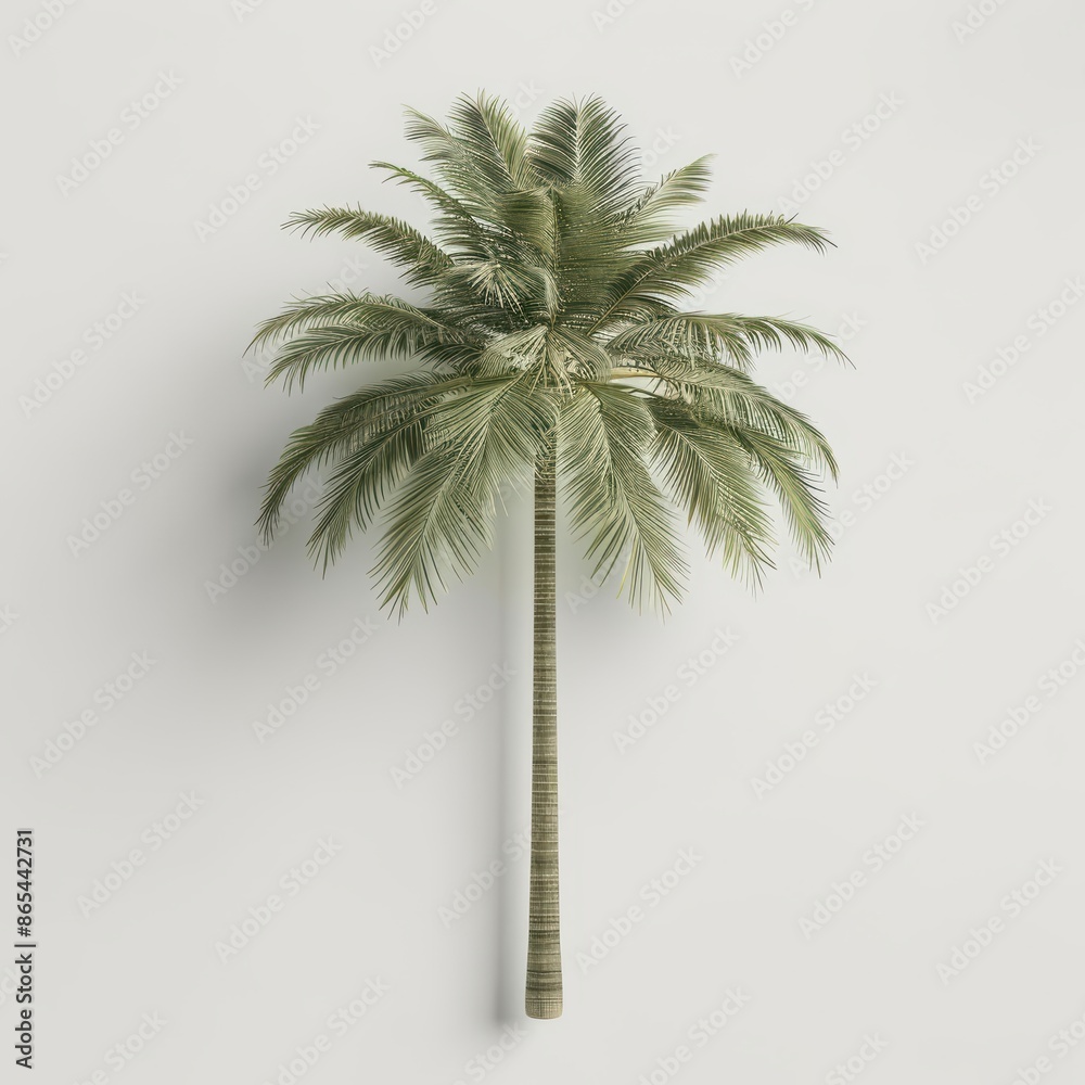 Obraz premium A tall palm tree with a slender trunk and a crown of fronds, set against a clean white backdrop