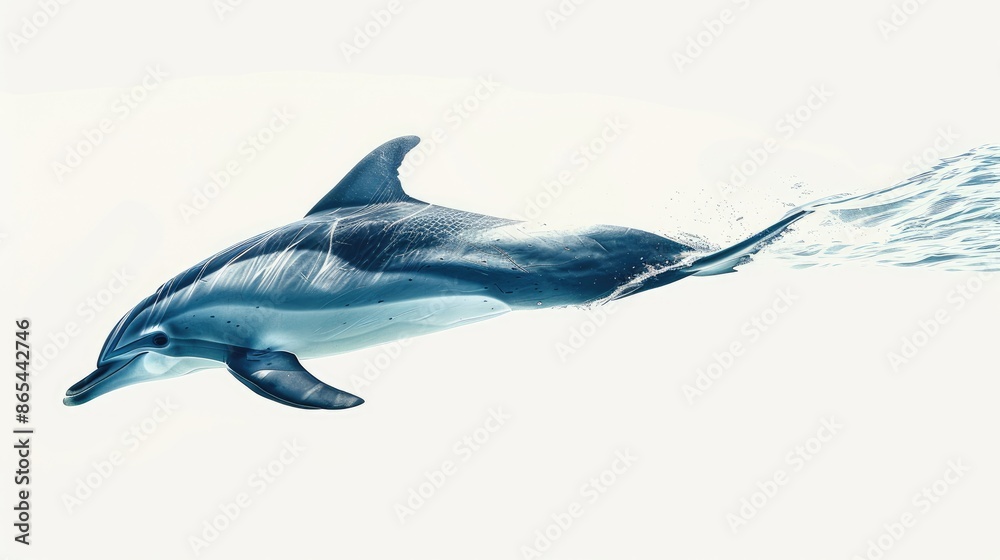 Fototapeta premium Tranquil dolphin gliding through the water against a white backdrop, inviting viewers to appreciate the serenity of marine life