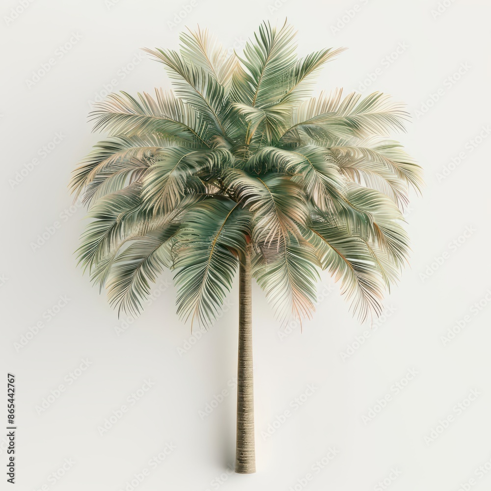 Fototapeta premium A tall palm tree with a slender trunk and a crown of fronds, set against a clean white backdrop