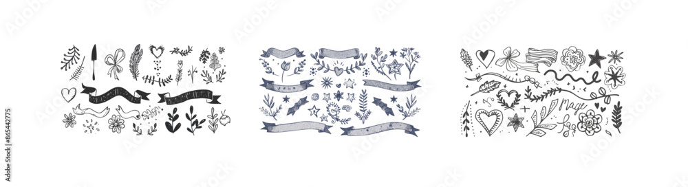 Fototapeta premium Vintage decorative doodles. Ribbons, outline arrows, and doodle holiday cards. Flowers, hearts, stars, and curved lines.