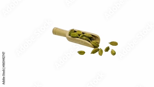 Pile of green Cardamom, Elaichi or dried fruits of Elettaria cardamomum. Clipping path photo