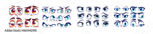 Set of cartoon eyes. Comic eye staring at a watch, funny face parts isolated on a white background