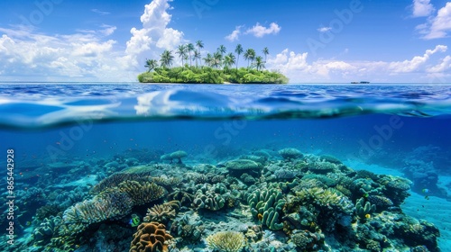 beautiful island with forested area seen under the sea with corals
