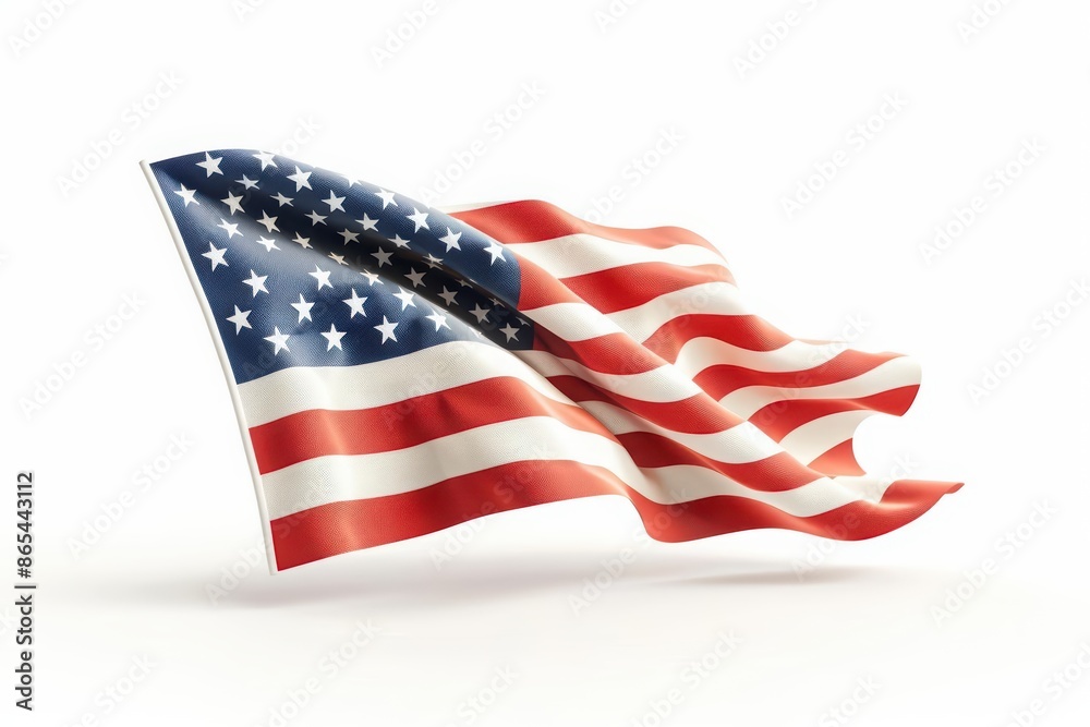 Obraz premium A vibrant American flag waving proudly, symbolizing Independence Day, isolated on a pristine white background