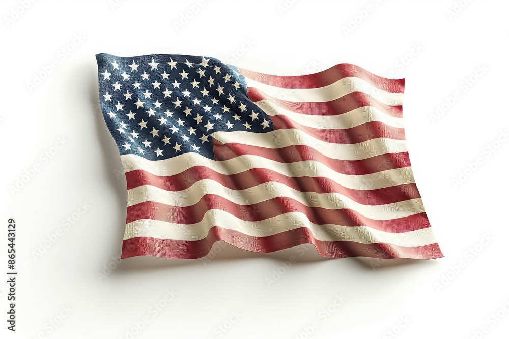 Fototapeta premium A vibrant American flag waving proudly, symbolizing Independence Day, isolated on a pristine white background