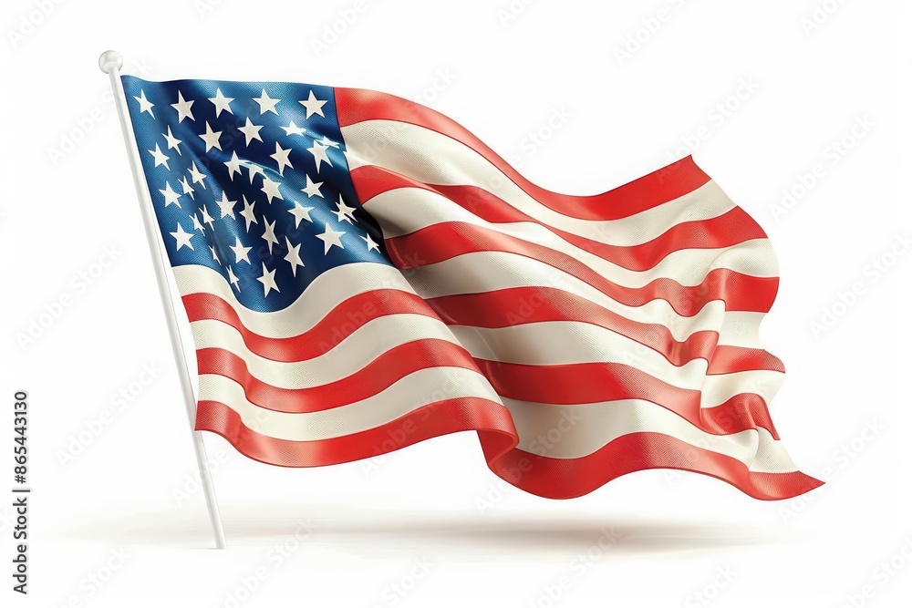 Fototapeta premium A vibrant American flag waving proudly, symbolizing Independence Day, isolated on a pristine white background