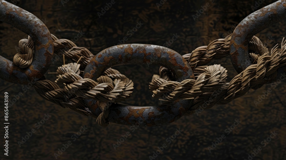 Close-up of a metal chain with links missing and replaced with straw ropes
on a dark brownish-black background Close-up of a metal chain with links missing and replaced with straw ropes
on a dark brownish-black background