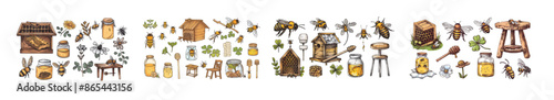 Beekeeper engraving, honeycomb and vintage beekeeping farm illustration set. Hand drawn honey bee.