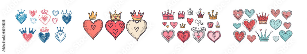 Illustration of crowned hearts with princesses, kings, and queens on them. Illustration of crowns on hearts with doodles. Wedding card logo, isolated modern symbols. Illustration of crowned hearts with princesses, kings, and queens on them. Illustration of crowns on hearts with doodles. Wedding card logo, isolated modern symbols.