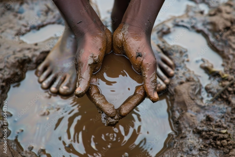 Fototapeta premium Close-up of hands scooping mud from a shallow mud puddle.