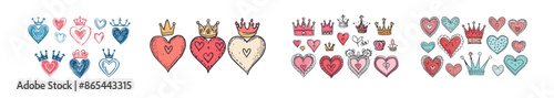 Illustration of crowned hearts with princesses, kings, and queens on them. Illustration of crowns on hearts with doodles. Wedding card logo, isolated modern symbols.