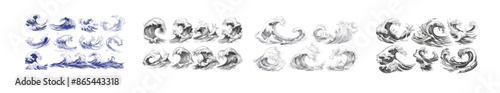 Wave sketch, tide wave, and ocean beach storm. Hand drawn modern illustration set of sea waves